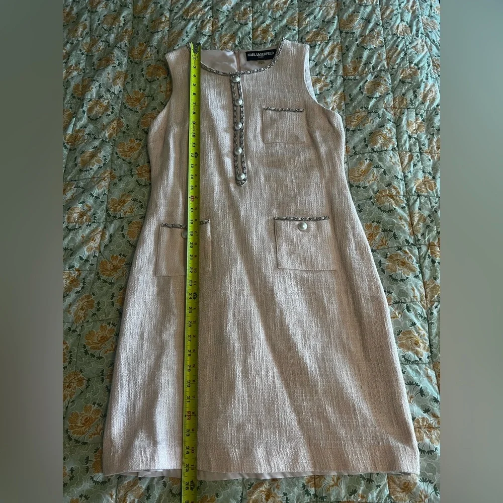 Karl Lagerfeld Blush Pink Tweed Mini Dress with Chain Trim - Picture 6 of 6